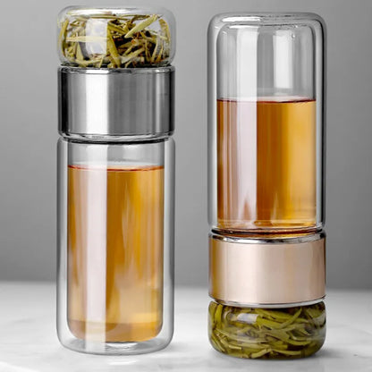 390ML High Borosilicate Glass Tea Water Bottle - Double Layer Tea Infuser Tumbler Cup Drinkware with Tea Filter