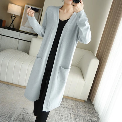 YSC Women’s Knitted Cashmere Wool Blend Cardigan – V-Neck, Long Buttonless Style with Pocket Trim