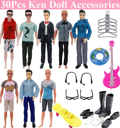 30-Piece Ken Doll Accessories Set — Clothes, Glasses, Shoes, Hangers, Guitar, Skateboard & Headsets for Barbie Dolls, DIY Toy for Girls