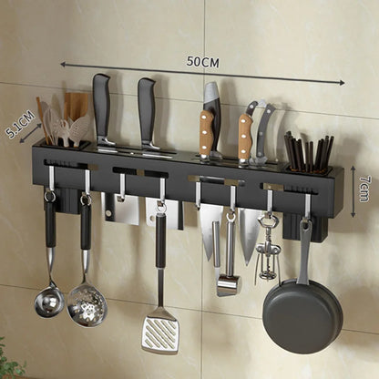 Organize Your Kitchen: Stainless Steel Wall Mounted Knife Holder Shelf - Nail-Free Storage Rack with Hooks for Cutlery - Cabinet Organizer for a Clutter-Free Kitchen