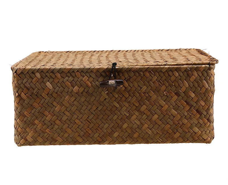Rectangular Hand-Woven Rattan Wicker Storage Basket - Desktop Organizer for Sundries and Clothes Container