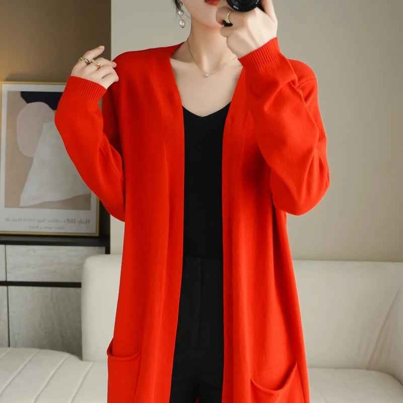 YSC Women’s Knitted Cashmere Wool Blend Cardigan – V-Neck, Long Buttonless Style with Pocket Trim