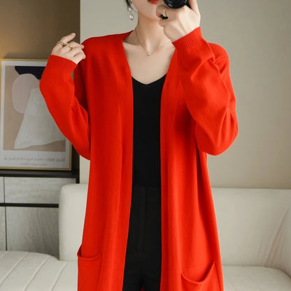 YSC Women’s Knitted Cashmere Wool Blend Cardigan – V-Neck, Long Buttonless Style with Pocket Trim