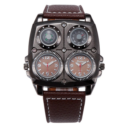 Oulm Men’s Two Time Zone Army Pilot Watch — Large Military Quartz Leather Strap Wristwatch