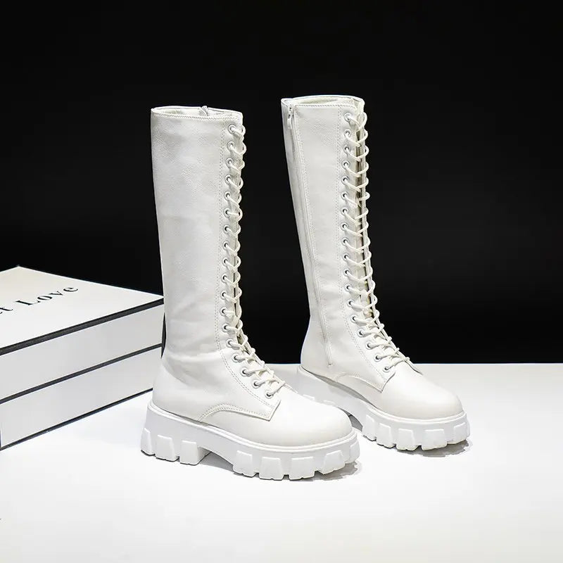 Aphixta 2025 Women’s Winter Knee-High Boots – White PU Leather Lace-Up Platform Fashion Shoes