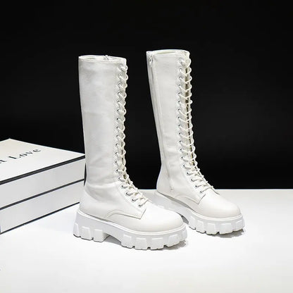 Aphixta 2025 Women’s Winter Knee-High Boots – White PU Leather Lace-Up Platform Fashion Shoes