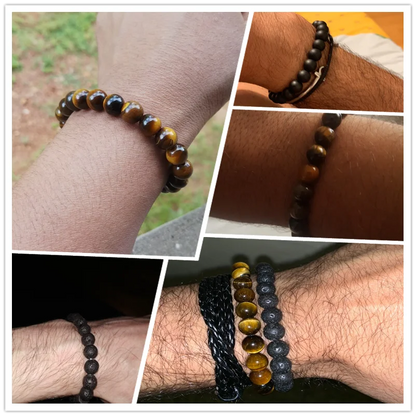 8mm Tiger Eye and Lava Rock Bead Bracelet - Adjustable Braided Rope Bangles for Men and Women - Yoga Healing Balance Bracelets