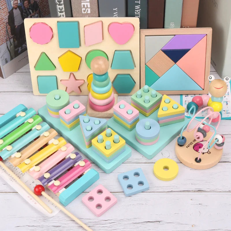 Hot Kids Montessori Wooden Toys – Macaron Blocks, Music Rattles, Colorful Educational Learning Blocks for Babies