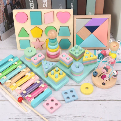 Hot Kids Montessori Wooden Toys – Macaron Blocks, Music Rattles, Colorful Educational Learning Blocks for Babies