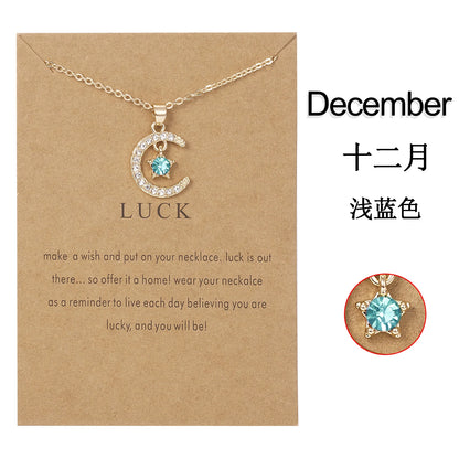 Fashion Birthstone Moon & Star Crystal Pendant Necklace – Women’s Clavicle Chain Choker Jewelry Gift for Parties & Birthdays