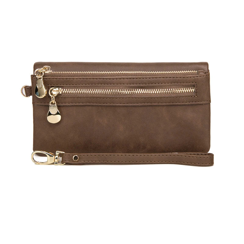Large Capacity Women's Wallet – Dull Polish Leather, Double Zipper Clutch Wristlet with Phone, Coin & Card Holder Pockets
