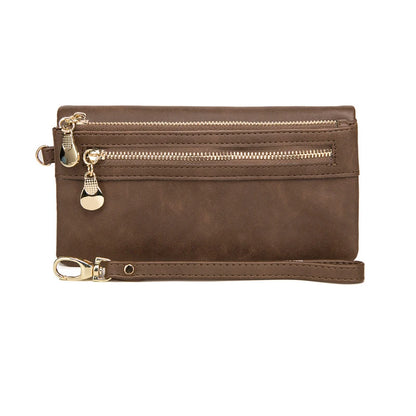 Large Capacity Women's Wallet – Dull Polish Leather, Double Zipper Clutch Wristlet with Phone, Coin & Card Holder Pockets
