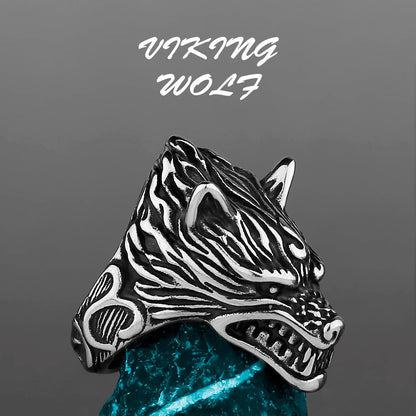 Nordic Viking Stainless Steel Ring - Compass Tree of Life Rune Wolf Amulet Jewelry for Men & Women