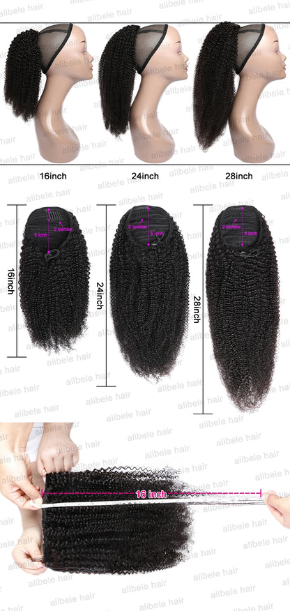 Alibele Mongolian Afro Kinky Curly Drawstring Ponytail – 4B/4C Remy Human Hair Extensions 10-28 Inch Clip-In