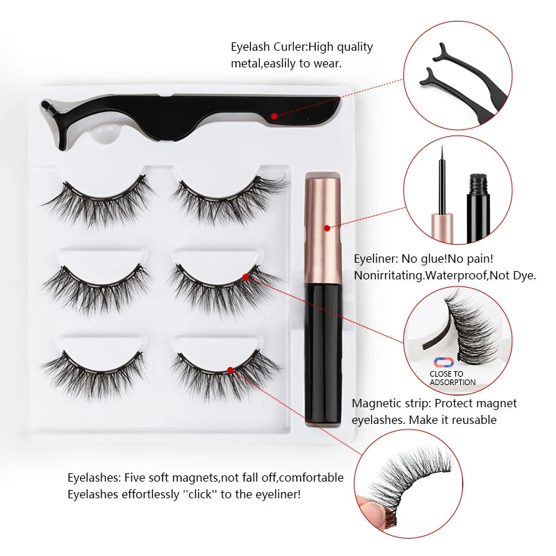 3D Magnetic Mink Eyelashes with Magnetic Eyeliner – Short False Lashes, Handmade, Long-Lasting Eye Makeup Tool