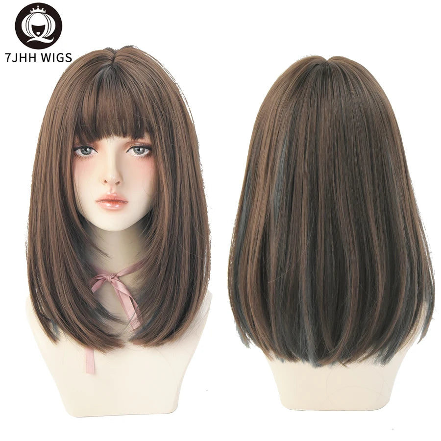 7JHHWIGS Long Straight Light Brown Synthetic Wig with Bangs – Heat-Resistant Daily Wear Wig for Women