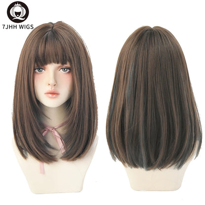 7JHHWIGS Long Straight Light Brown Synthetic Wig with Bangs – Heat-Resistant Daily Wear Wig for Women