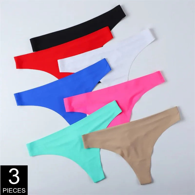 3PCS Ice Silk Seamless Thong Set for Women – Solid Low Rise Sexy G-String Sports Underwear, S-XL Sizes