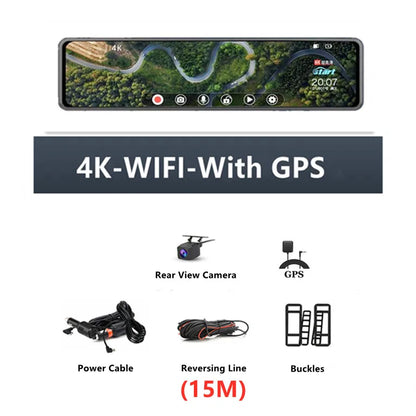 4K 12-Inch Dual Lens Dash Cam – 3840*2160P, WIFI, GPS, APP, Rearview Mirror Camera, Touch Screen Streaming Video Recorder, Car DVR