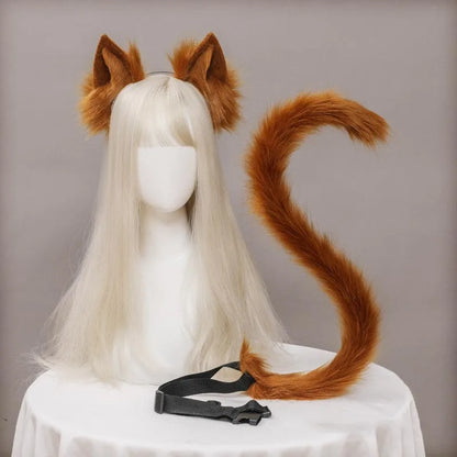 Plush Cat Ears Headband & Tail Set - Realistic Lolita Cosplay Accessories, Handmade Animal Ears for Halloween & Kawaii Costumes