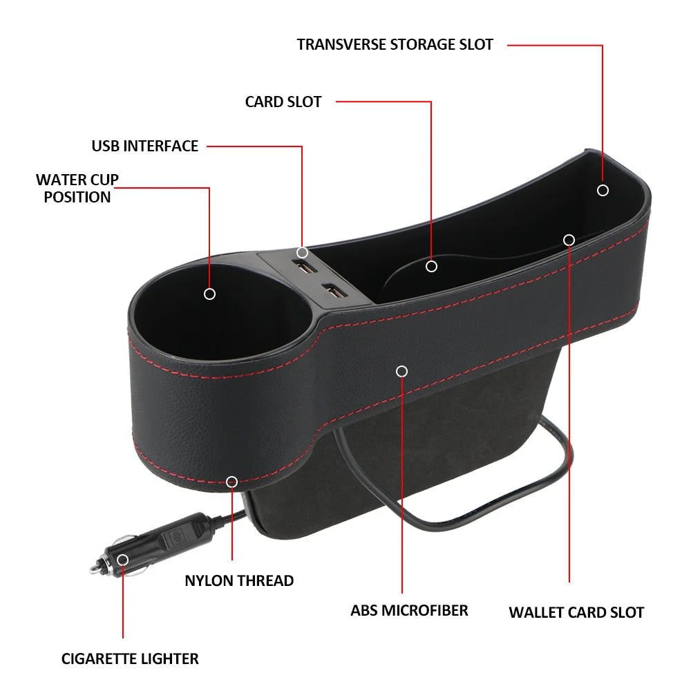 Car Seat Gap Organizer – Leather Auto Crevice Storage Box with Cup & Phone Holder, USB Option