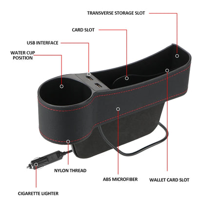Car Seat Gap Organizer – Leather Auto Crevice Storage Box with Cup & Phone Holder, USB Option