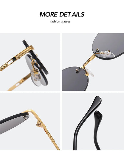 Retro Oval Rimless Sunglasses – Blue Mirror Gold Metal UV400 for Men & Women
