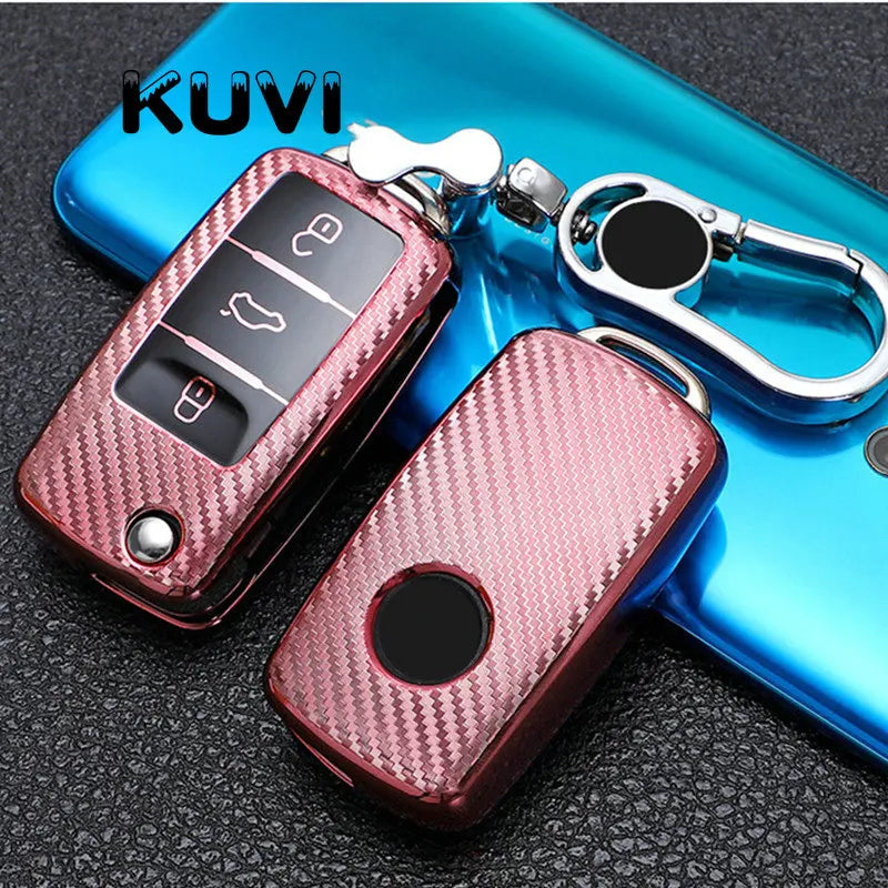 TPU Carbon Fiber Car Key Case Cover for VW & Skoda – Fits Polo, Tiguan, Passat B5 B6 B7, Golf 4 5 6 MK6, Jetta, Lavida, Octavia