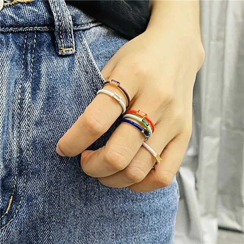 24K Gold-Plated & Silver Enamel Ring – Slim Round Women's Luxury Zircon CZ Ring in Green, Purple, Pink for Wedding & Anniversary