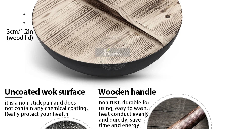 Konco 32cm Pure Cast Iron Wok – Non-Coated Chinese Wok Pan for Gas & Induction Cookers