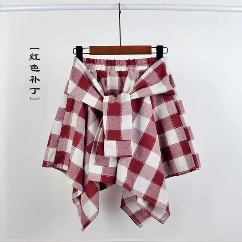 TOTRUST Women’s Fashion Asymmetrical Summer Plaid Mini Skirt – Casual College Style Fake Shirt Design