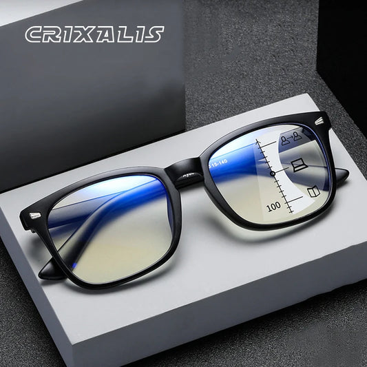 CRIXALIS Square Progressive Reading Glasses – Multifocal Anti-Glare Computer Eyewear for Men & Women, UV400 Protection