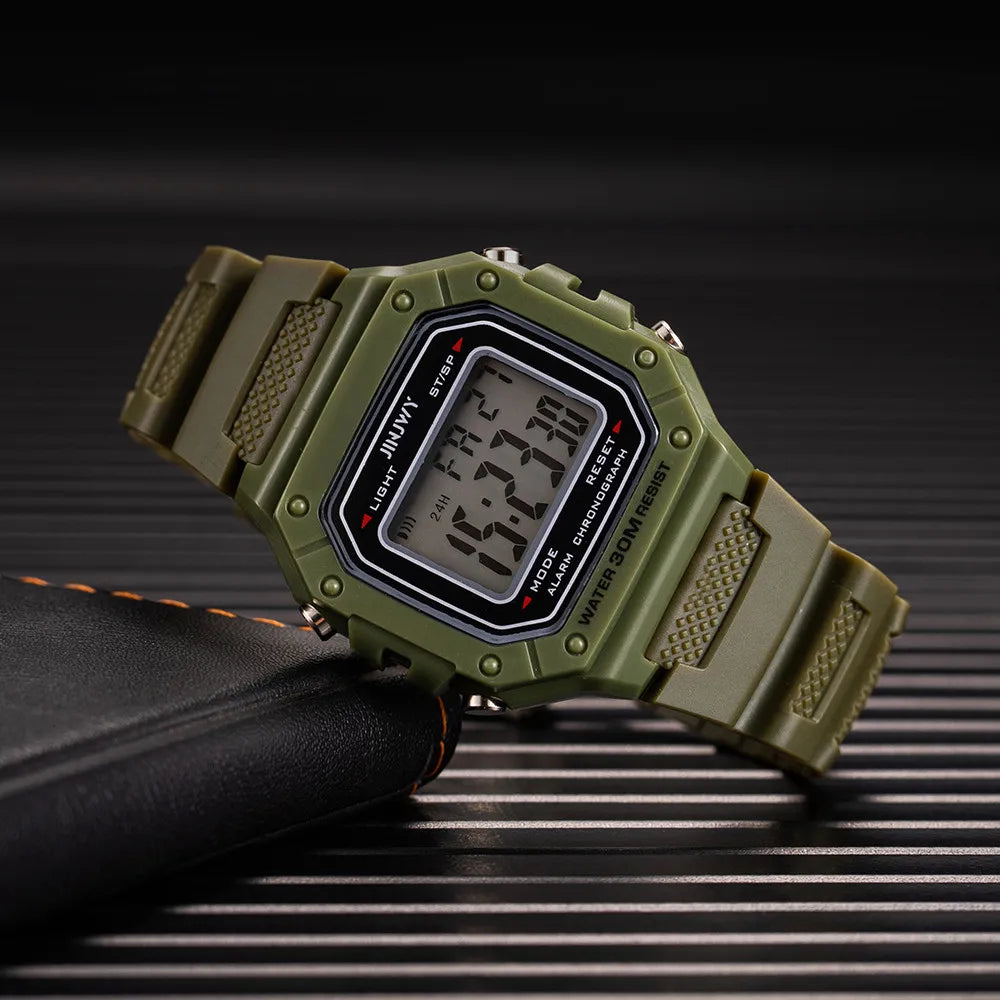 Men’s Army Green Digital Sports Watch - Waterproof LED Electronic Wristwatch with Square Dial and Modern Military Style