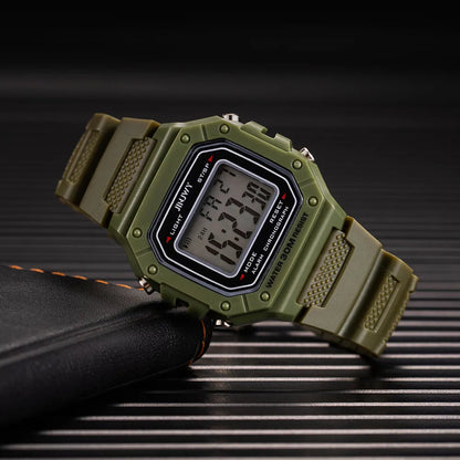 Men’s Army Green Digital Sports Watch - Waterproof LED Electronic Wristwatch with Square Dial and Modern Military Style