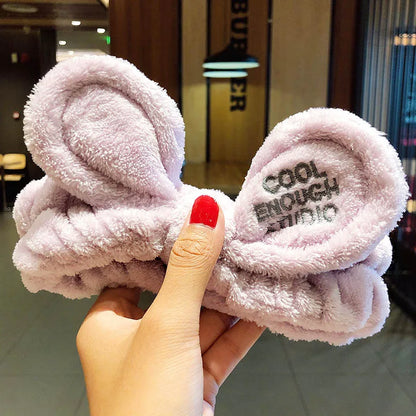 Soft Coral Fleece Bow Headband – Wash Face Hair Holder with Animal Ears for Women & Girls