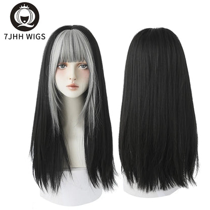 7JHHWIGS Long Straight Light Brown Synthetic Wig with Bangs – Heat-Resistant Daily Wear Wig for Women
