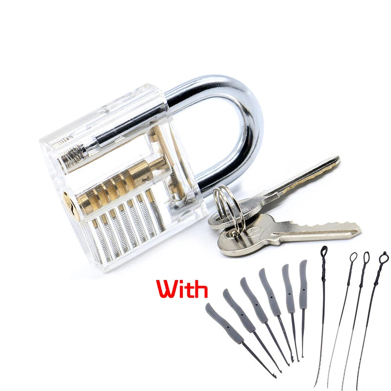 KAK Transparent Practice Padlock Set - Cutaway Training Lock with Broken Key Extractor Hooks and Locksmith Tools