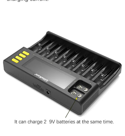 LiitoKala Lii-S12/Lii-S8 Battery Charger – LCD 18650, 21700, 26650, 26700, 20700, 18350, 9V IMR, NiMH/Cd, AA & AAA Rechargeable Batteries