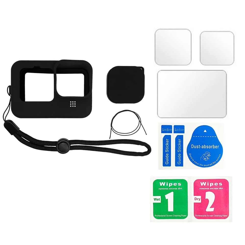 Protective Silicone Case for GoPro Hero 12/11/10/9 Black – Tempered Glass Screen Protector & Lens Cap Cover Accessory