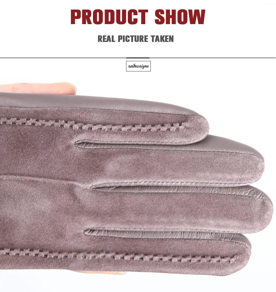 Women’s Winter Touch Gloves – 50% Genuine Leather & 50% Suede, Colorful Warm Leather Gloves
