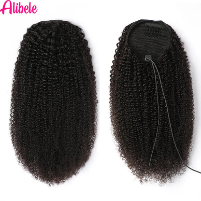 Alibele Mongolian Afro Kinky Curly Drawstring Ponytail – 4B/4C Remy Human Hair Extensions 10-28 Inch Clip-In