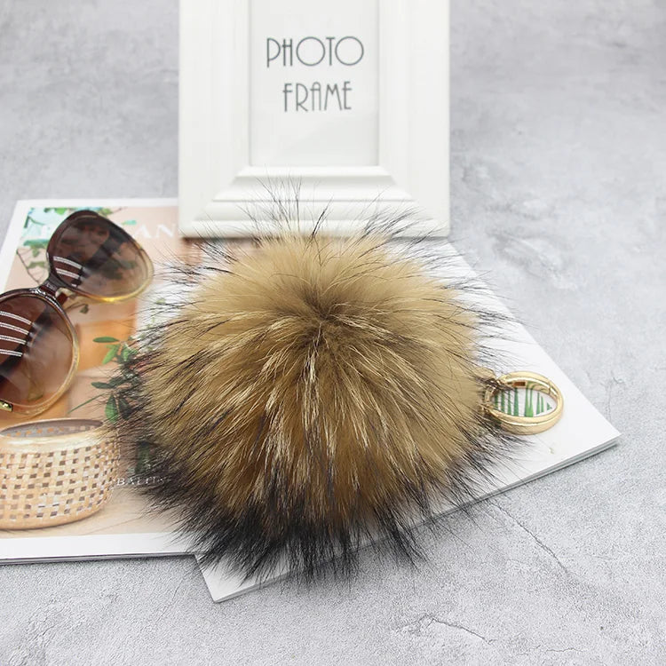 Luxury 15cm Fluffy Real Raccoon Fur Pom Pom Keychain – High-Quality Metal Ring Pendant for Women