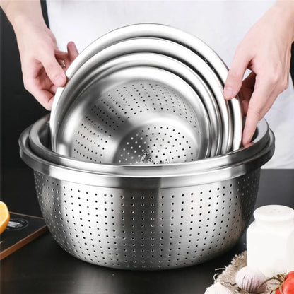 Stainless Steel Drain Basket Colander – Round Rice Cleaning Sieve & Fruit Vegetable Washing Strainer for Kitchen Use