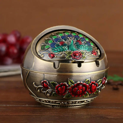 Retro Ashtray with Lid - Large Zinc Alloy Cigarette Smoking Holder for Home Decor and Friend's Birthday Gift