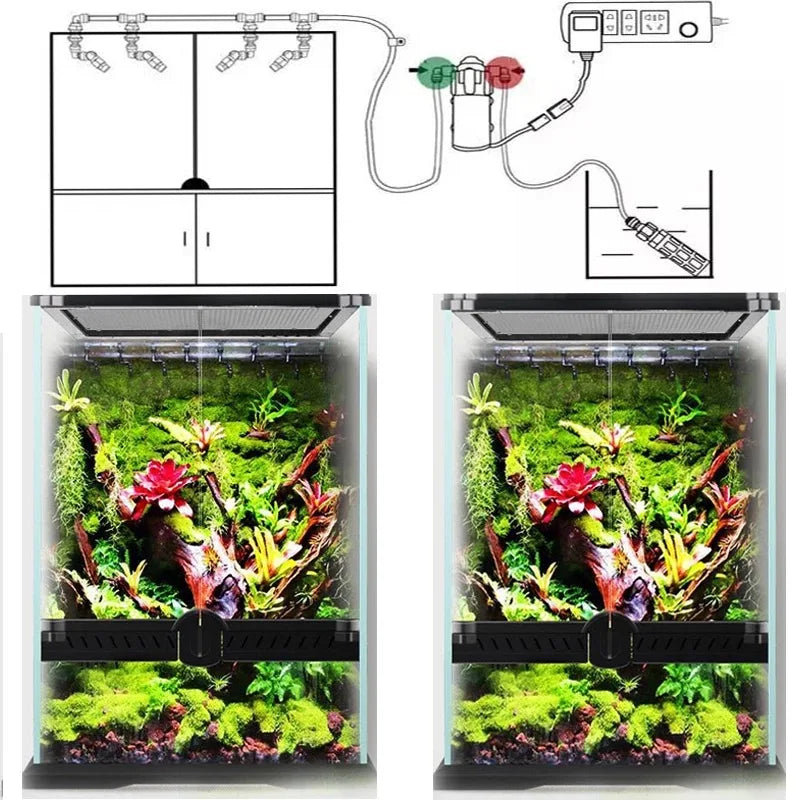 Reptile Fogger Mist Sprinkler System – 360° Adjustable Rainforest Tank Humidifier for Aquarium & Aquatic Pet Terrariums