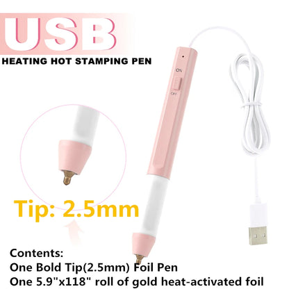 USB Hot Foil Pen with 0.8/1.5/2.5mm Tips – Slim Heat-Resistant Grip for DIY Calligraphy on Paper & Leather