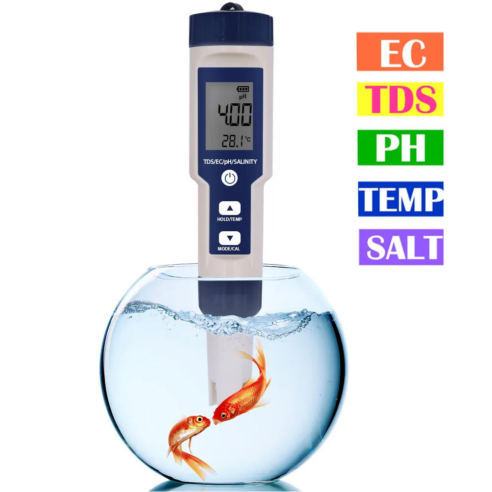 5 in 1 PH Meter Water Quality Tester - Digital TDS, EC, PH, Salinity & Temperature Meter for Pools & Aquariums with Backlight