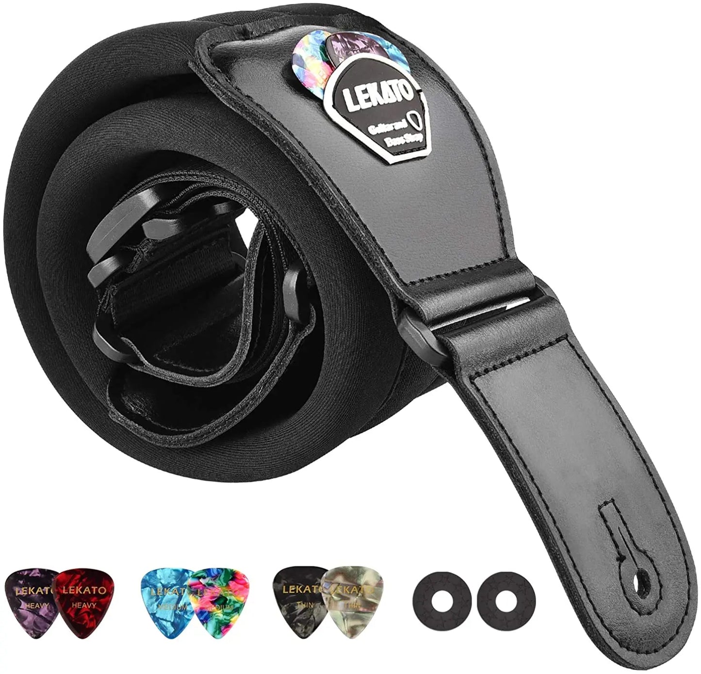 LEKATO LGS-2 Bass Guitar Strap – Adjustable Cowhide Strap with 6 Picks, Acoustic & Electric Bass Guitar Belt, Accessories