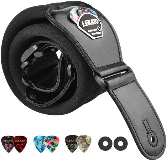 LEKATO LGS-2 Bass Guitar Strap – Adjustable Cowhide Strap with 6 Picks, Acoustic & Electric Bass Guitar Belt, Accessories