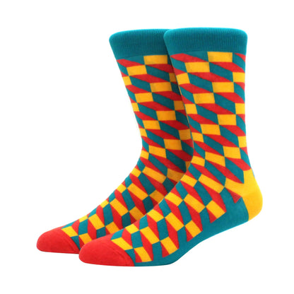 Men’s Funny Argyle Diamond Pattern Cotton Socks – Large Size 3D Geometric Crew Tube Socks, Combed Cotton Casual Novelty Socks